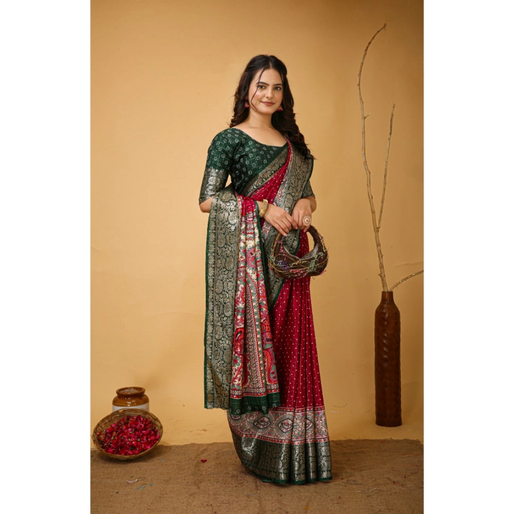 Maroon soft Dola cotton kalamkari printed saree with unstitched blouse, traditional Indian women's wear on mannequin