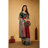 Maroon soft Dola cotton kalamkari printed saree with unstitched blouse, traditional Indian women's wear on mannequin