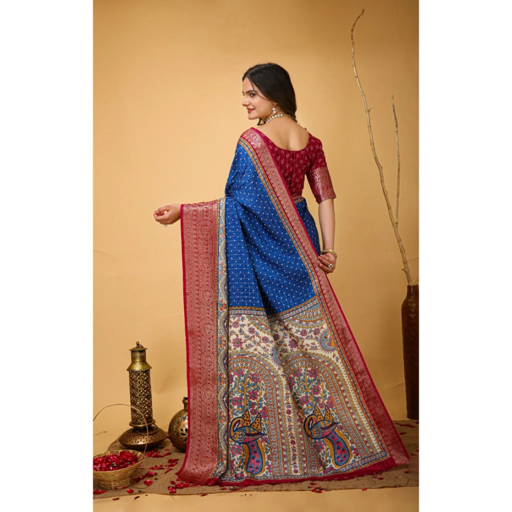 Blue soft Dola cotton Kalamkari printed saree with unstitched blouse, 5.5mtr length for women's traditional Indian wear