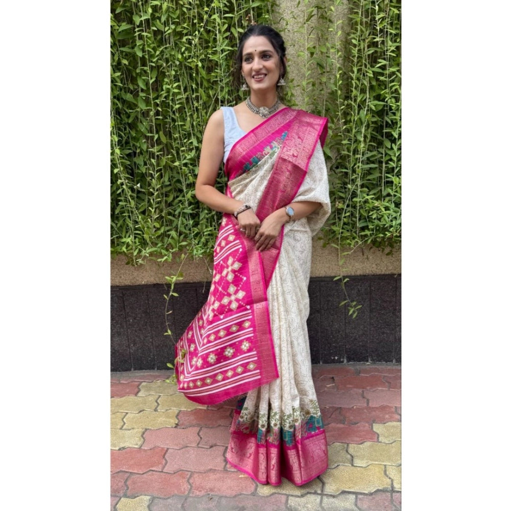 White soft Dola cotton Kalamkari printed saree with unstitched blouse, traditional Indian attire for women