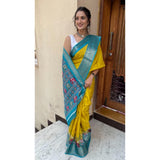 Mustard-hued Kalamkari printed saree with unstitched blouse, soft Dola cotton fabric