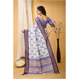 Soft cotton silk purple printed saree with unstitched blouse, vibrant Indian attire on mannequin