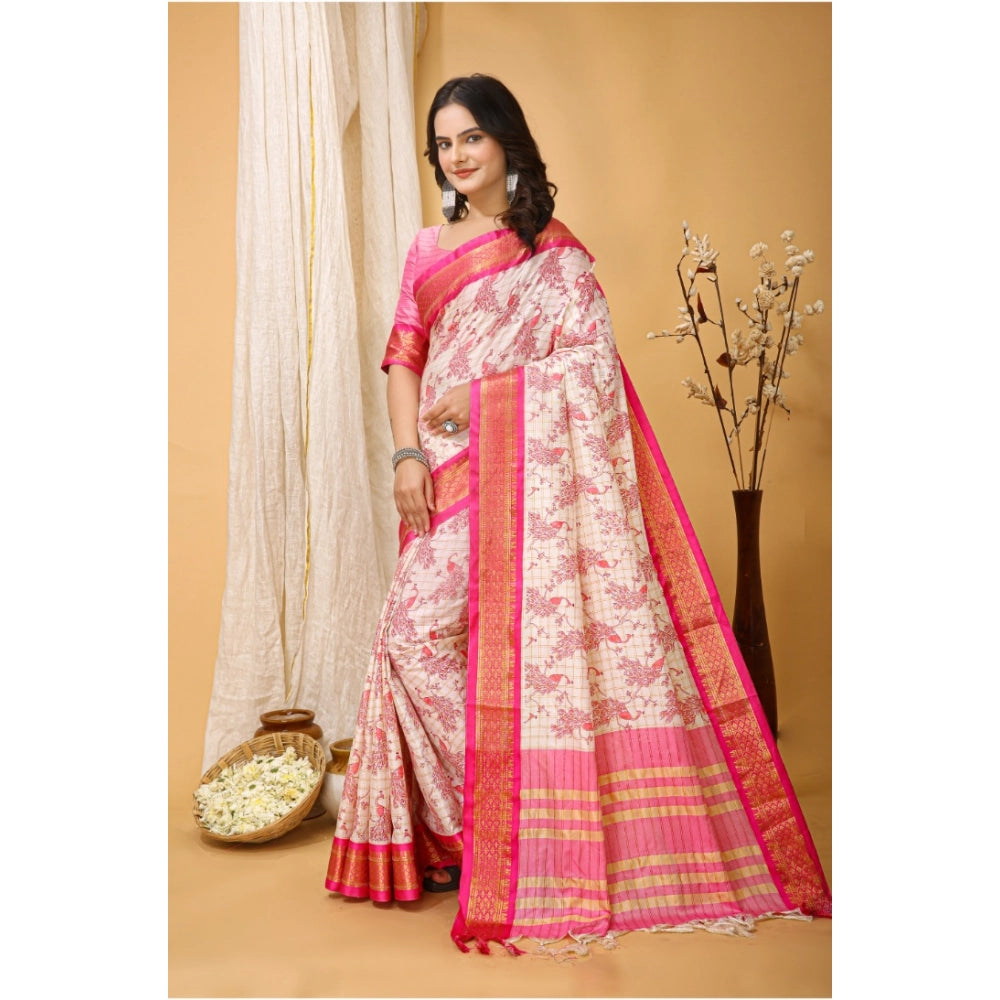 Soft cotton silk pink printed saree with unstitched blouse, vibrant design on fashionable woman