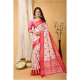 Soft cotton silk printed saree with unstitched blouse (pink), vibrant floral design on flowing fabric for traditional Indian wear