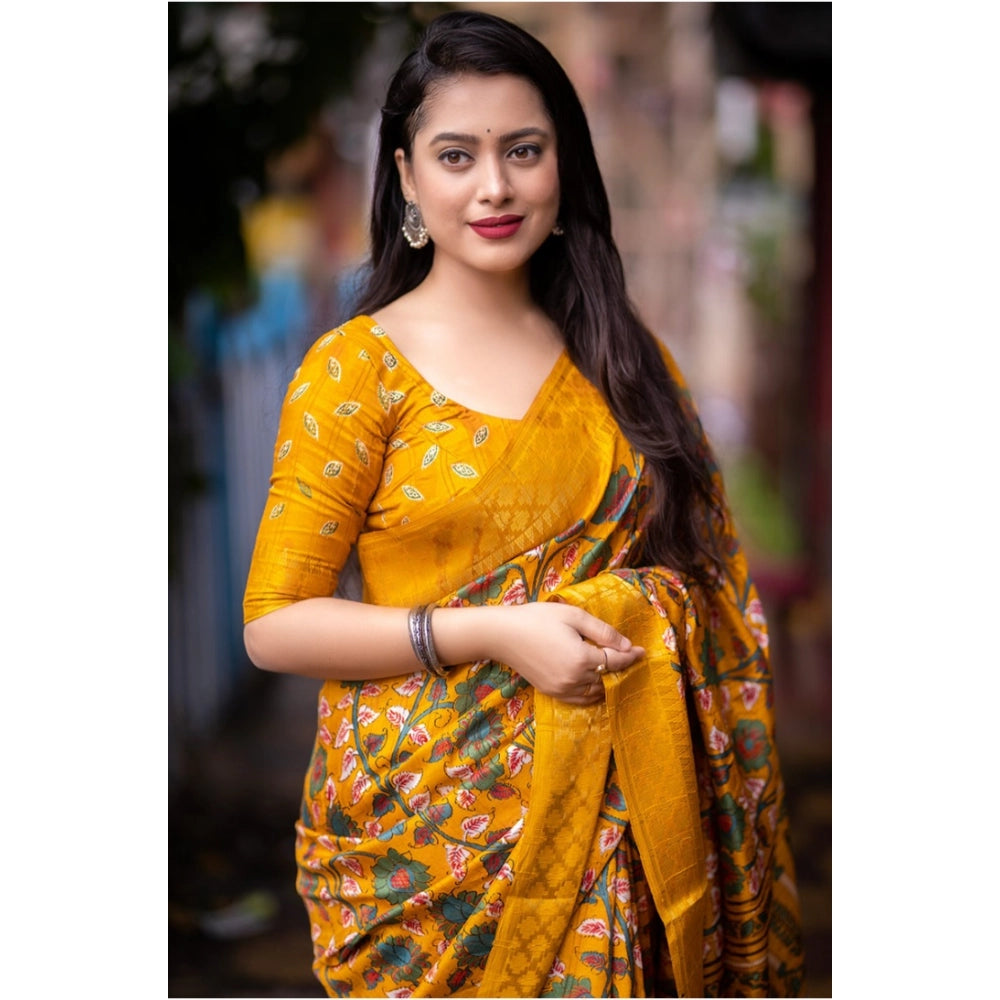 Yellow soft Dola cotton kalamkari printed saree with unstitched blouse, vibrant traditional Indian wear on mannequin