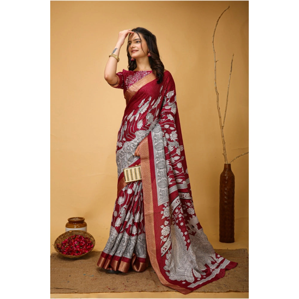 Maroon soft handloom cotton Kalamkari printed saree with unstitched blouse, traditional Indian attire on display