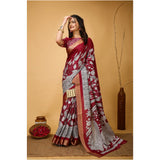 Maroon soft handloom cotton Kalamkari printed saree with unstitched blouse, traditional Indian attire on display