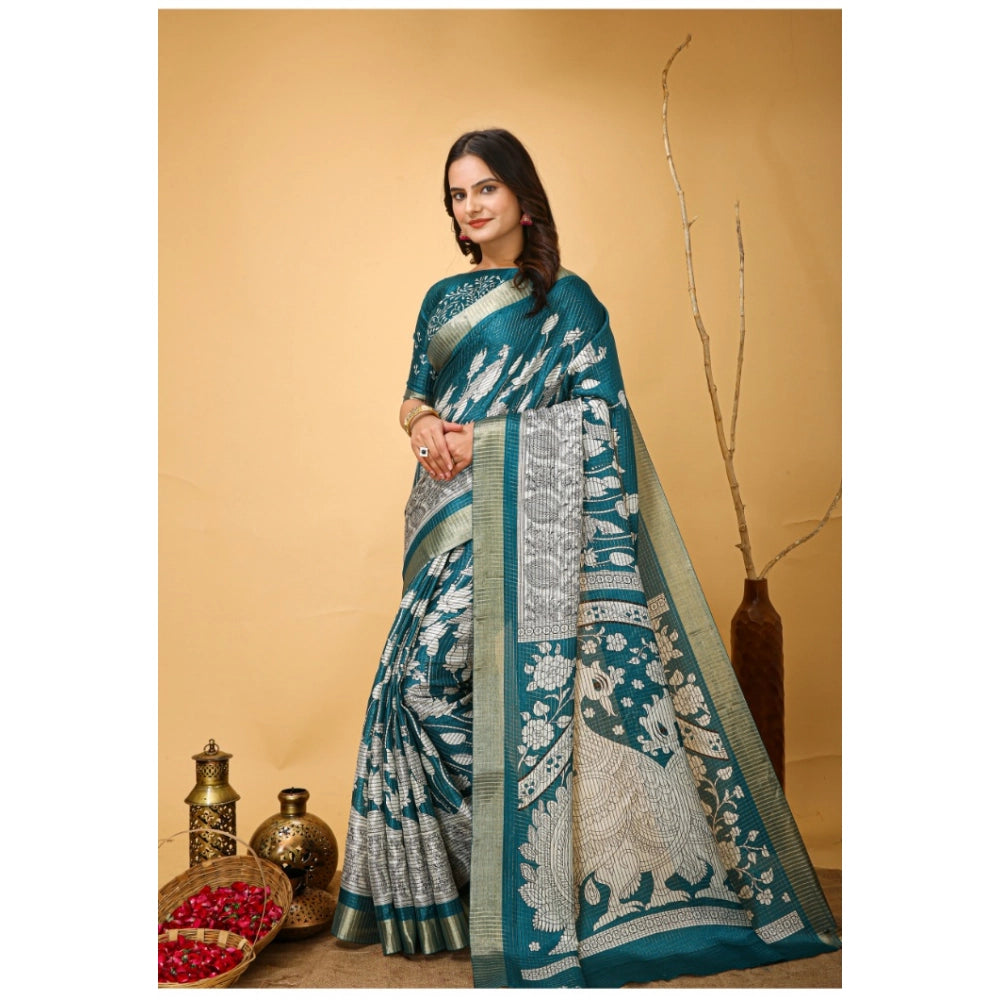 Turquoise soft handloom cotton kalamkari printed saree with unstitched blouse, vibrant traditional Indian attire on display