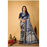 Blue soft handloom cotton kalamkari printed saree with unstitched blouse, traditional Indian fashion accessory