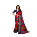 Red Kalamkari printed soft marshmallow fabric saree with unstitched blouse, intricate floral design