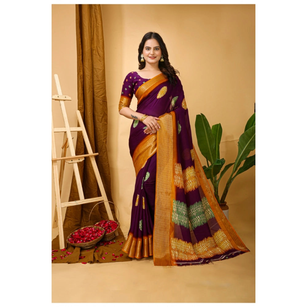 Wine-colored women's soft marshmallow fabric kalamkari printed saree with unstitched blouse, intricate pattern details