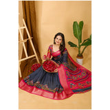 Grey kalamkari printed saree with unstitched blouse, soft dola cotton for women's fashion