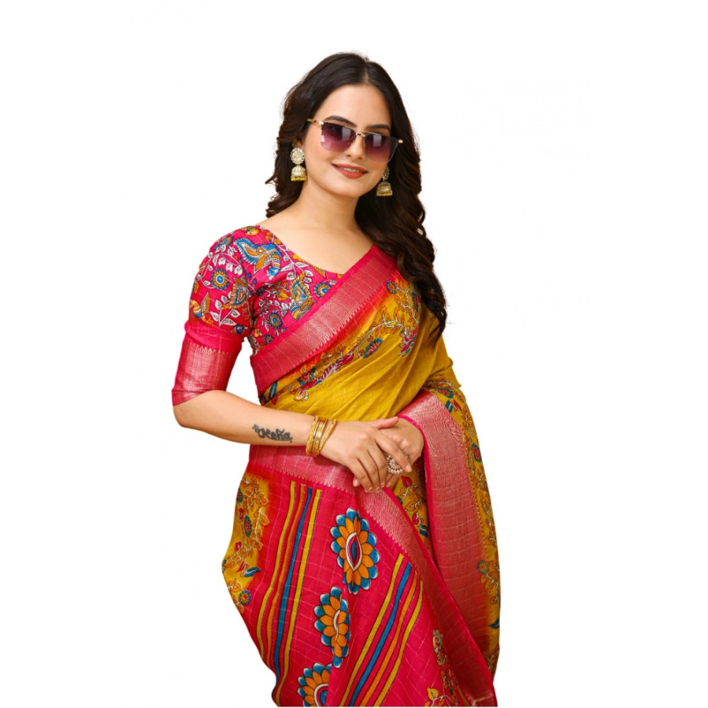 Yellow soft Dola cotton kalamkari printed saree with unstitched blouse, women's traditional Indian wear on display
