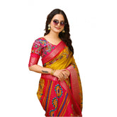 Yellow soft Dola cotton kalamkari printed saree with unstitched blouse, women's traditional Indian wear on display
