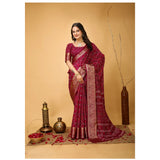 Red soft Dola cotton kalamkari printed saree with unstitched blouse, traditional Indian attire for women on mannequin