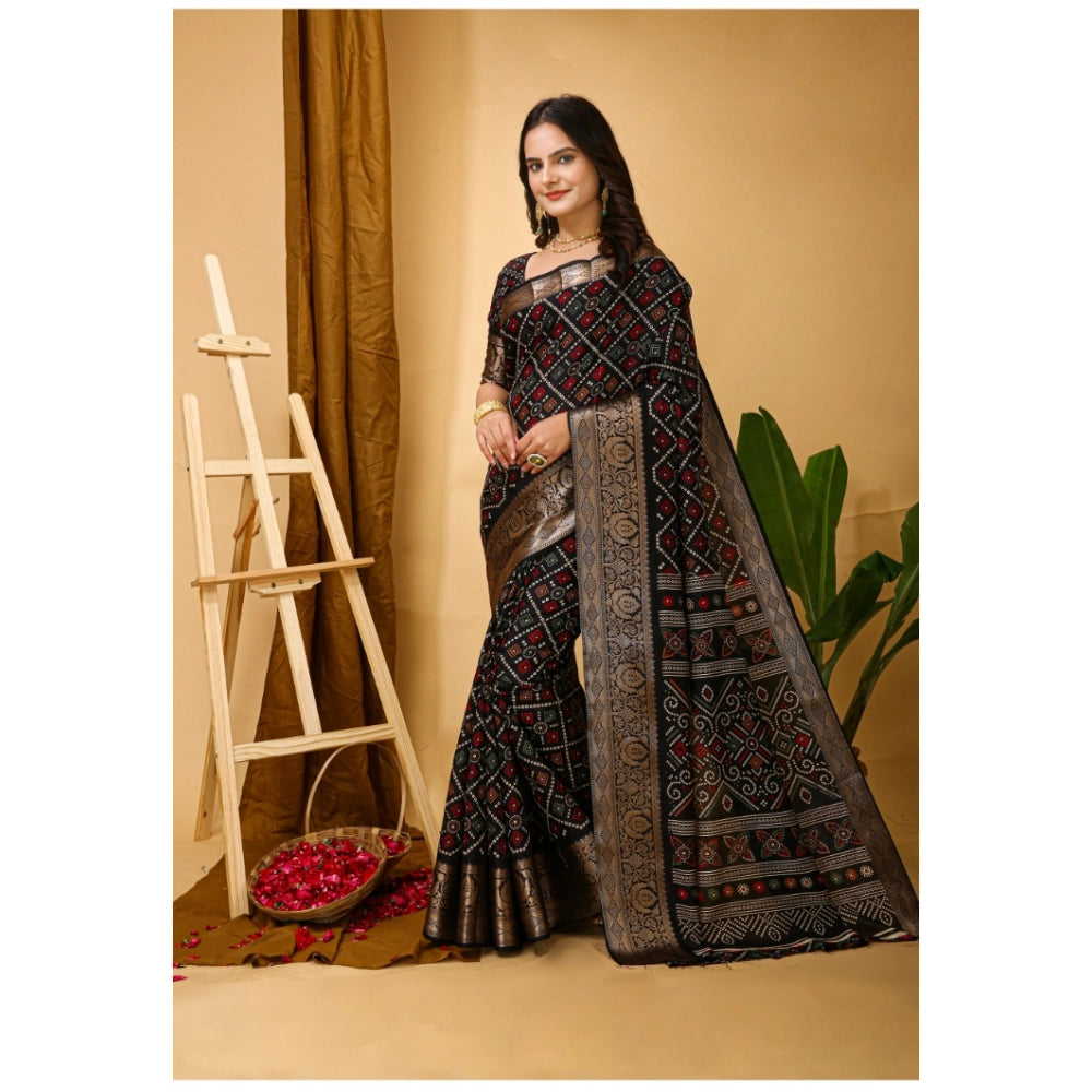 Black soft Dola cotton kalamkari printed saree with unstitched blouse, traditional Indian women's attire