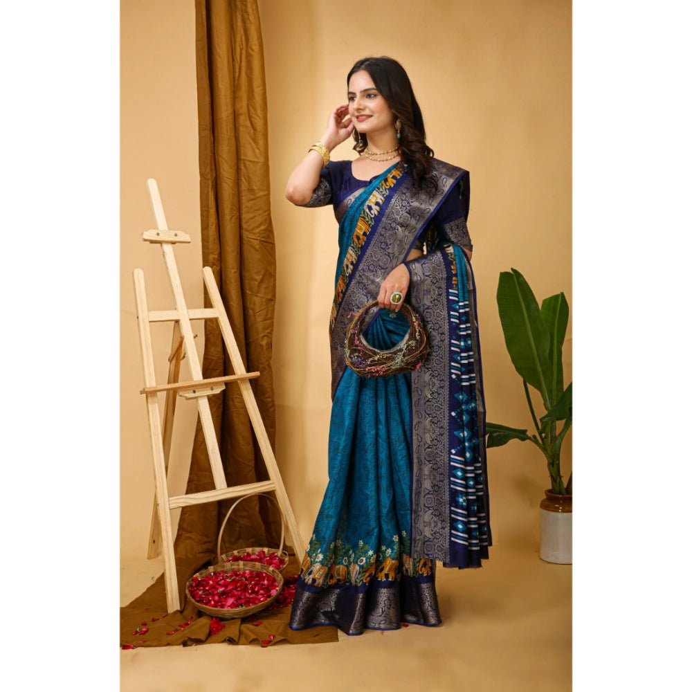 Blue soft Dola cotton kalamkari printed saree with unstitched blouse, traditional Indian fashion accessory on model