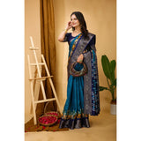 Blue soft Dola cotton kalamkari printed saree with unstitched blouse, traditional Indian fashion accessory on model