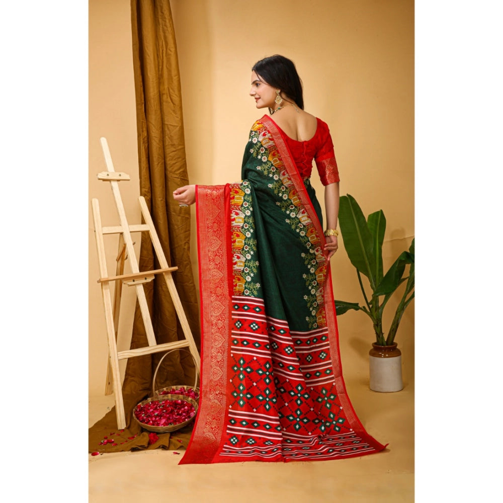 Green soft Dola cotton kalamkari printed saree with unstitched blouse, vibrant traditional Indian wear on mannequin