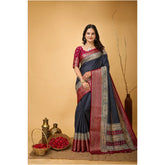 Grey soft Dola cotton kalamkari printed saree with unstitched blouse, women's traditional Indian attire on mannequin