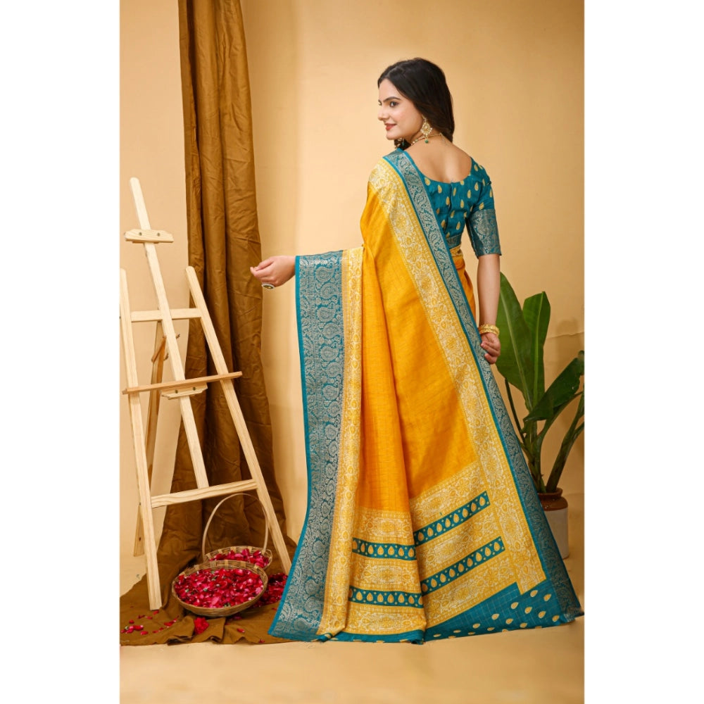 Yellow soft Dola cotton kalamkari printed saree with unstitched blouse, vibrant traditional Indian women's attire