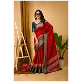 Red soft Dola cotton kalamkari printed saree with unstitched blouse, vibrant Indian fashion accessory