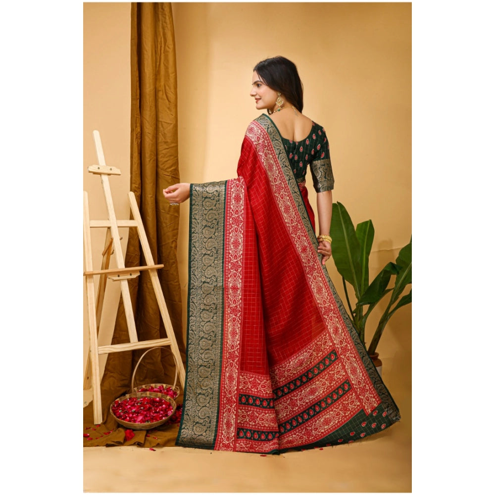 Red soft Dola cotton Kalamkari printed saree with unstitched blouse, vibrant Indian women's traditional wear