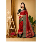 Red soft Dola cotton kalamkari printed saree with unstitched blouse, traditional Indian women's attire on mannequin