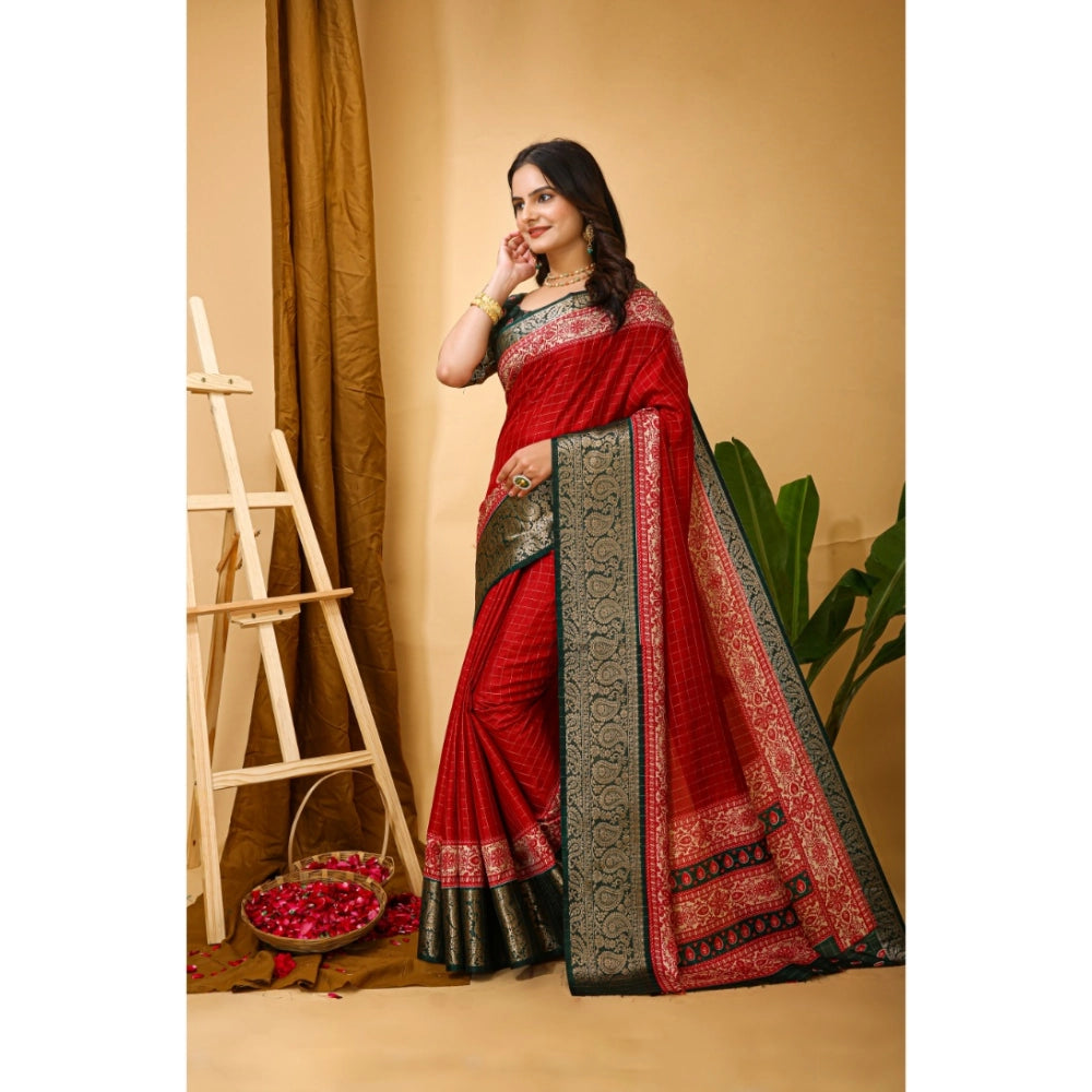 Red soft Dola cotton kalamkari printed saree with unstitched blouse, vibrant ethnic Indian wear