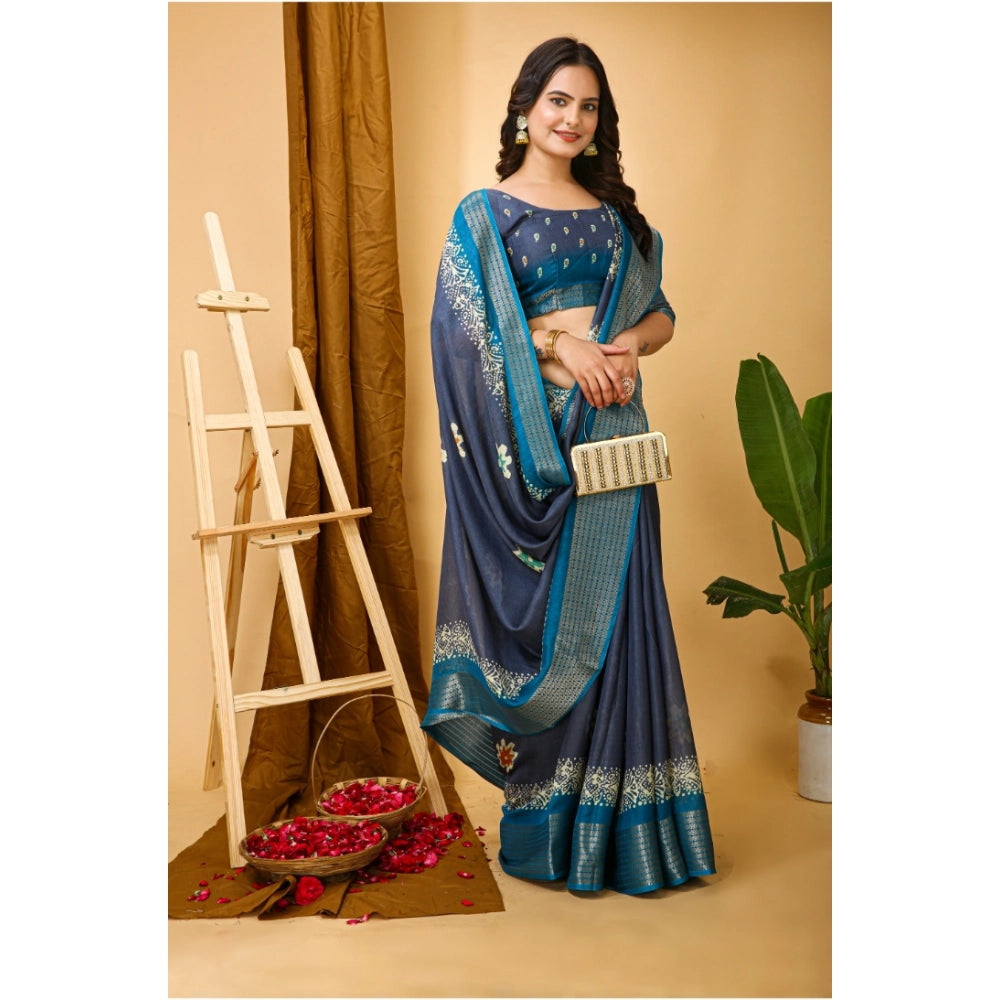 Grey Kalamkari printed saree with unstitched blouse in soft blooming marshmallow fabric