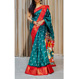 Blue soft dola cotton kalamkari printed saree with unstitched blouse, vibrant traditional Indian attire on mannequin
