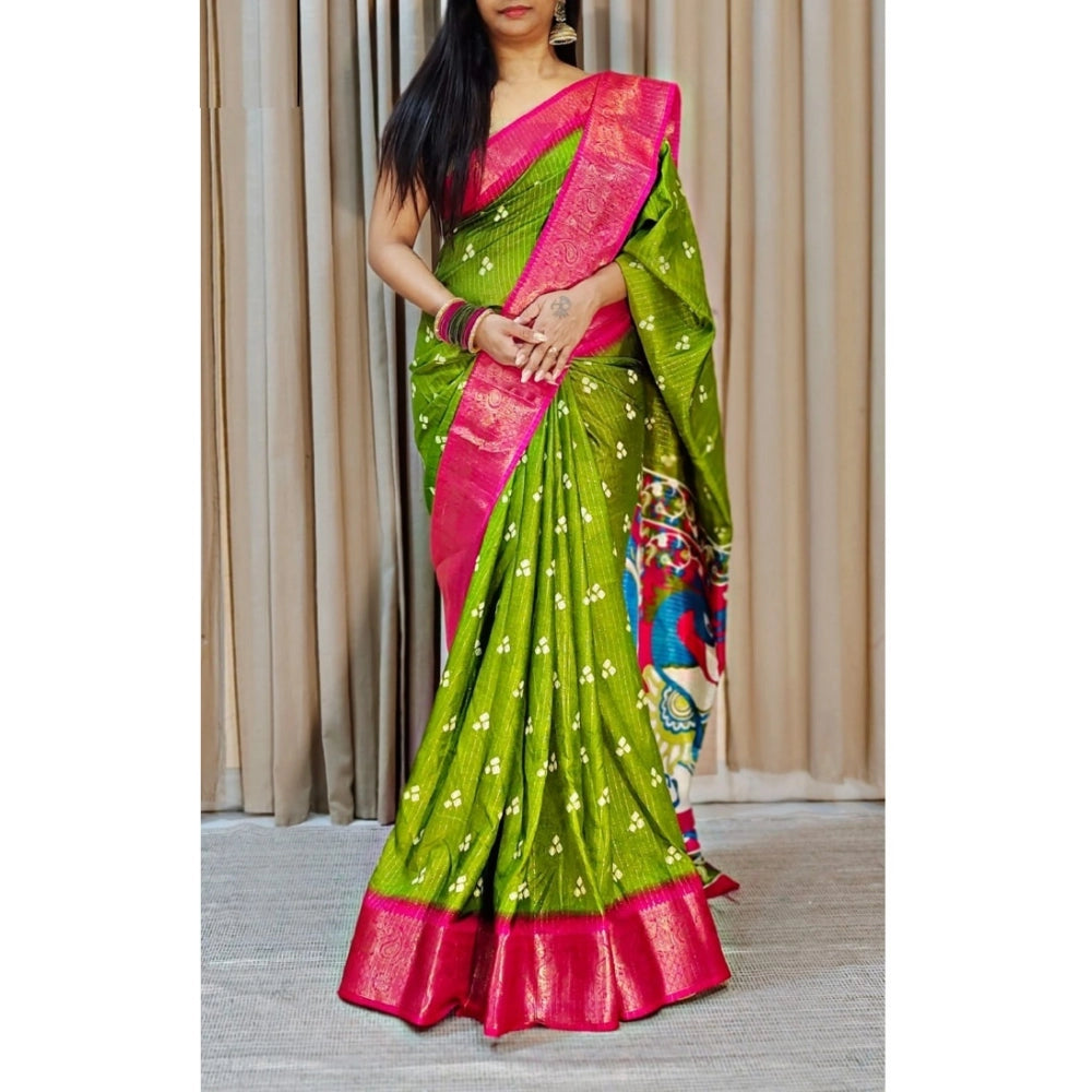 Green soft Dola cotton kalamkari printed saree with unstitched blouse, traditional Indian women's attire
