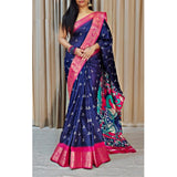 Navy blue Kalamkari printed soft Dola cotton saree with unstitched blouse, vibrant Indian attire on mannequin