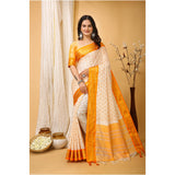 Yellow soft cotton silk printed saree with unstitched blouse, vibrant Indian wear for women