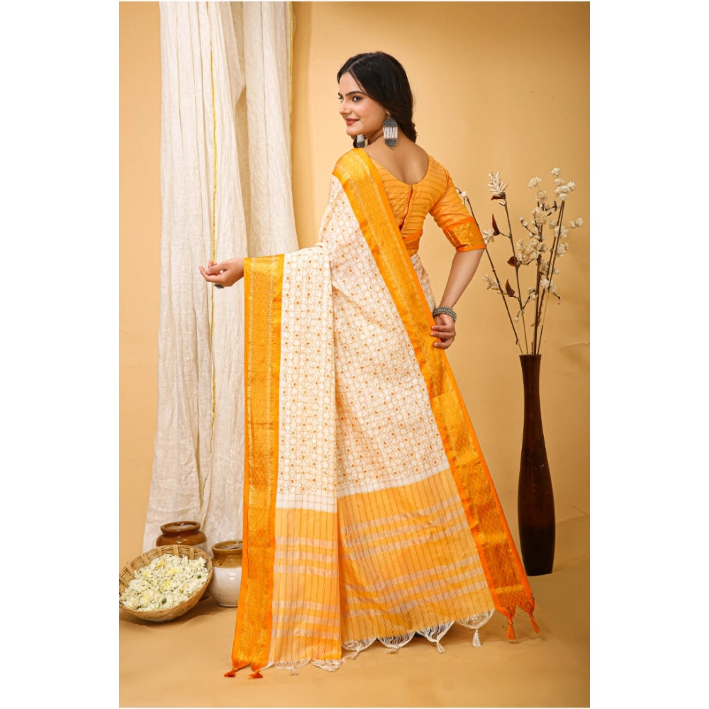 Women's soft yellow printed cotton silk saree with unstitched blouse, vibrant colors showcased on display stand