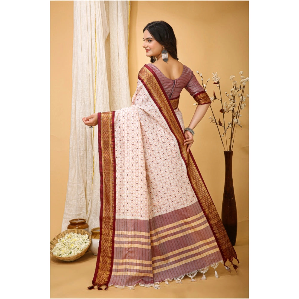 Maroon soft cotton silk printed saree with unstitched blouse, elegant Indian women's fashion accessory