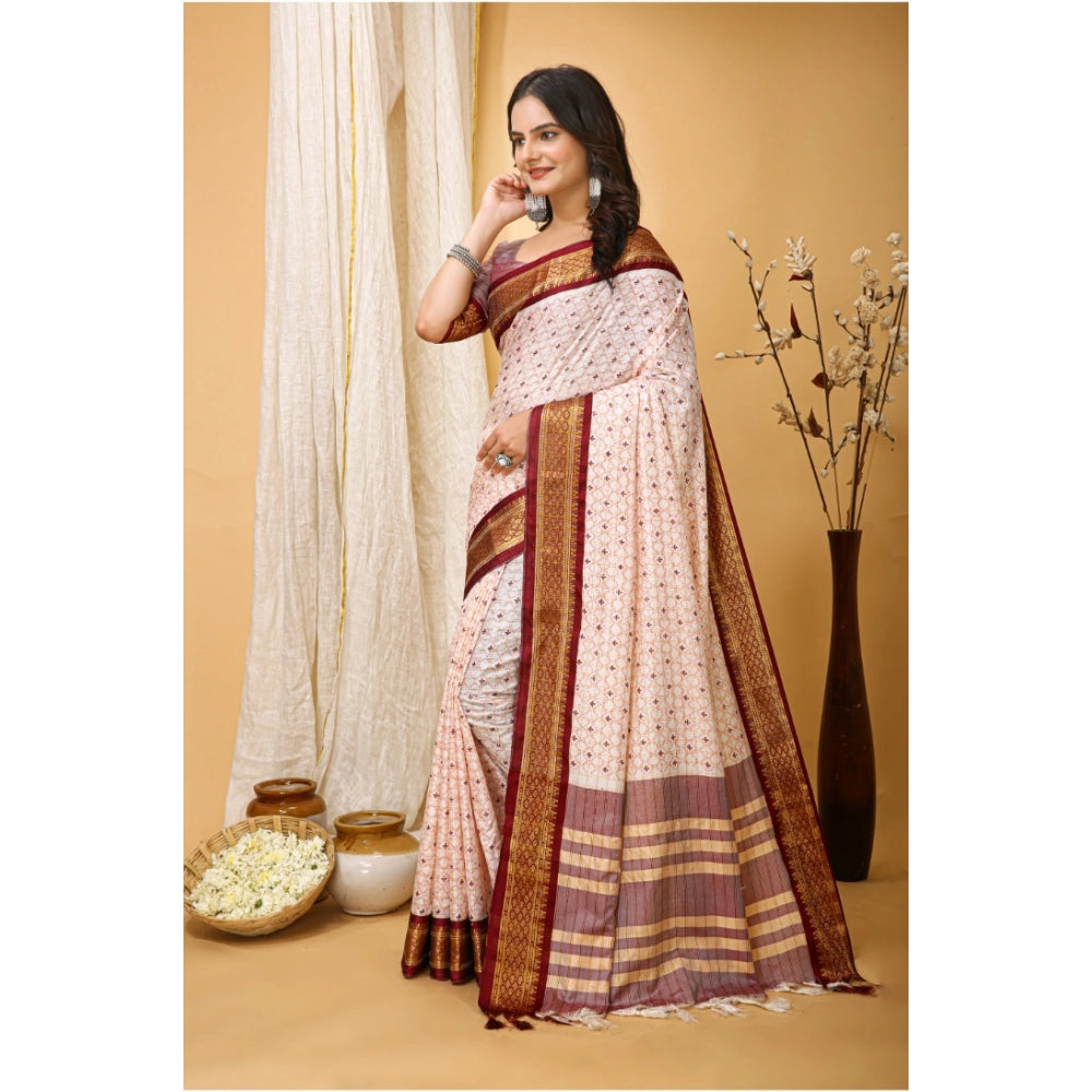 Maroon soft cotton silk printed saree with unstitched blouse, vibrant Indian wear for women