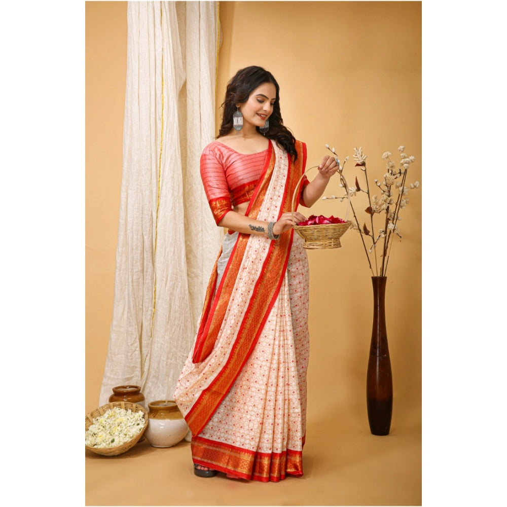 Red soft cotton silk printed saree with unstitched blouse, vibrant design for women's traditional wear