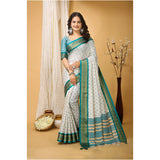 Rama Green soft cotton silk printed saree with unstitched blouse, vibrant floral design for women