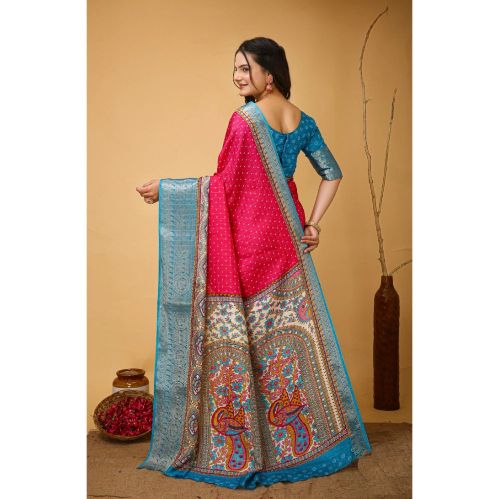 Pink Kalamkari printed soft dola cotton saree with unstitched blouse, traditional Indian women's wear