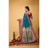 Soft sky blue Dola cotton Kalamkari printed saree with unstitched blouse, traditional Indian attire on mannequin