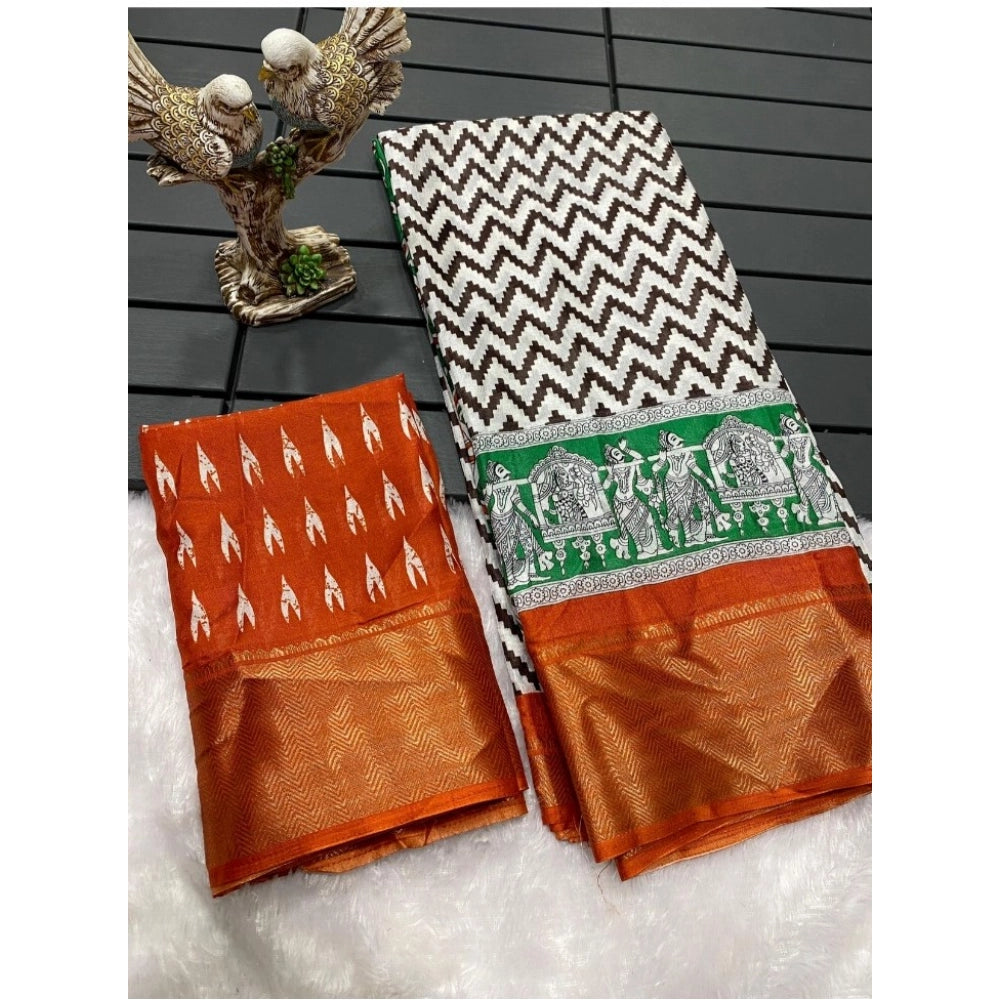 Orange soft Dola cotton kalamkari printed saree with unstitched blouse, vibrant Indian traditional wear for women