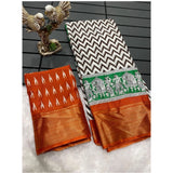 Orange soft Dola cotton kalamkari printed saree with unstitched blouse, vibrant Indian traditional wear for women