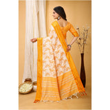 Soft cotton silk yellow printed saree with unstitched blouse, versatile traditional Indian women's attire