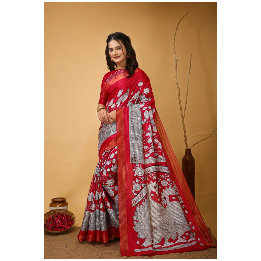 Pink soft handloom cotton kalamkari printed saree with unstitched blouse, traditional Indian women's wear on mannequin