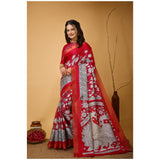 Pink soft handloom cotton kalamkari printed saree with unstitched blouse, traditional Indian women's wear on mannequin