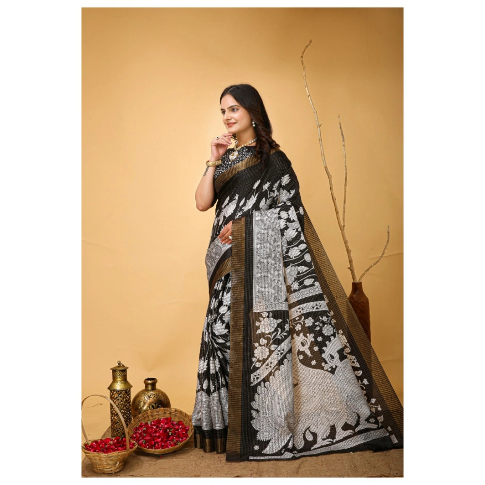 Black soft handloom cotton Kalamkari printed saree with unstitched blouse (5.5mtr)