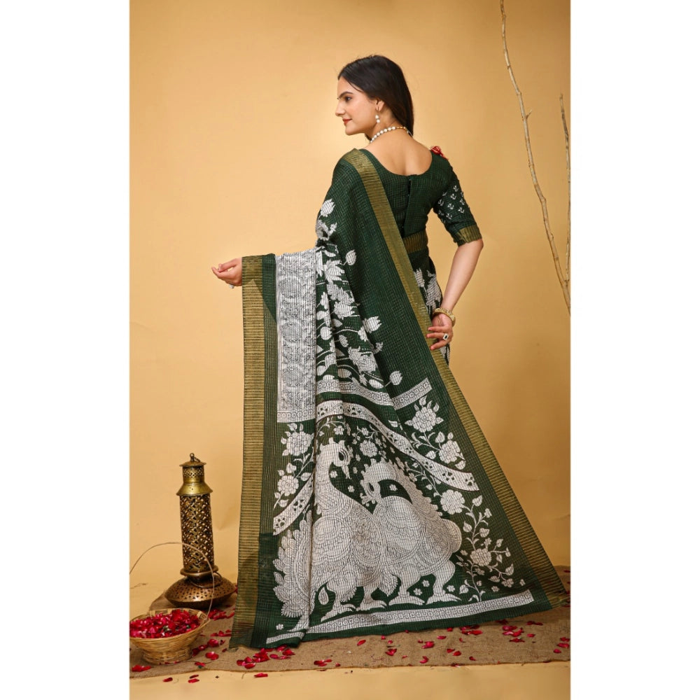 Green soft handloom cotton kalamkari printed saree with unstitched blouse, traditional Indian ethnic wear on mannequin