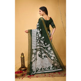 Green soft handloom cotton kalamkari printed saree with unstitched blouse, traditional Indian ethnic wear on mannequin