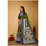 Mehendi colored soft handloom cotton Kalamkari printed saree with unstitched blouse (5.5mtr)